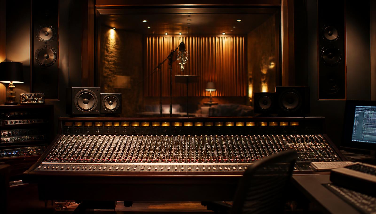 A cinematic recording studio with a mixing console and vocal booth