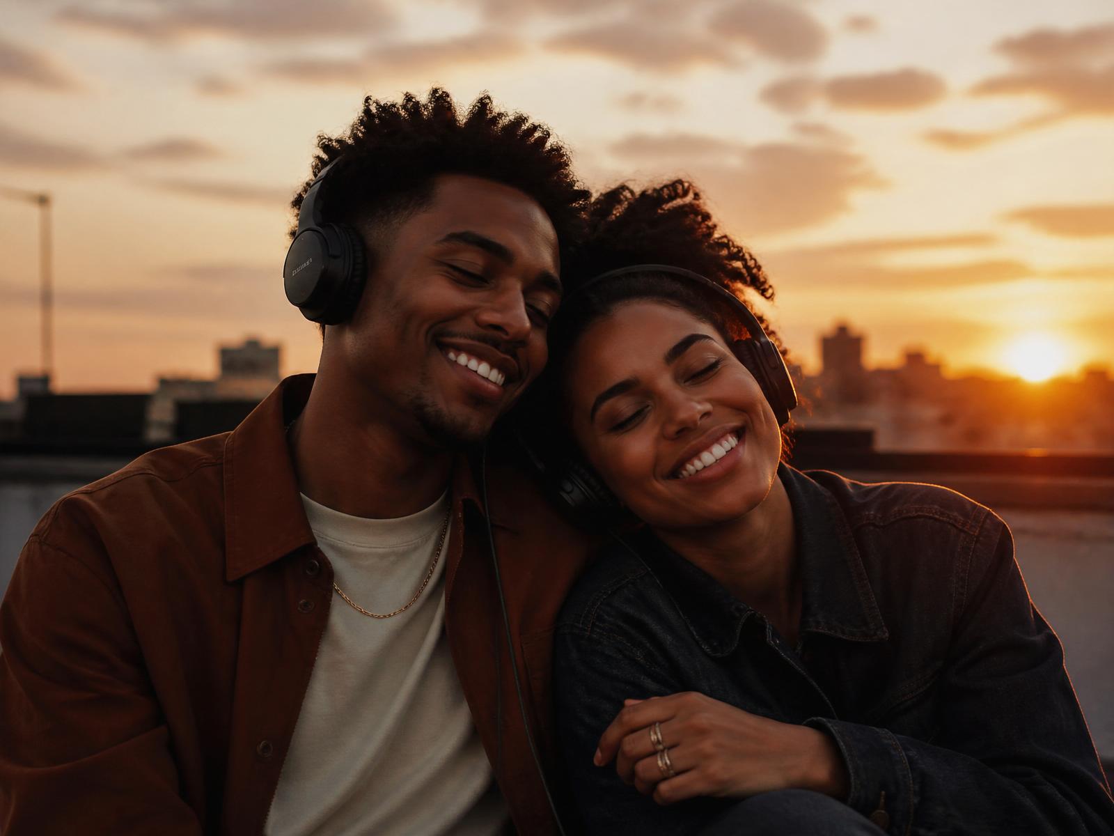 Two people sharing headphones at sunset
